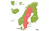 Bildet viser et kart over de nordiske landene. Norge, Danmark, Finland, Island, Færøyene, Svalbard, Grønland og Gotland i Sverige er grønne. Dit kan folk i Norge reise fritt. Resten av Sverige er rødt. Dit kan vi fortsatt ikke reise uten å måtte i karantene etterpå.