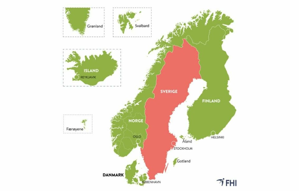 ÅPNER: Regjeringen åpner for at folk kan reise fritt til de grønne områdene på kartet. Det meste av Sverige er rødt. Dit kan vi fortsatt ikke reise uten å måtte i karantene etterpå. Unntaket er Gotland. Bildet viser et kart over de nordiske landene. Norge, Danmark, Finland, Island, Færøyene, Svalbard, Grønland og Gotland i Sverige er grønne. Dit kan folk i Norge reise fritt. Resten av Sverige er rødt. Dit kan vi fortsatt ikke reise uten å måtte i karantene etterpå.