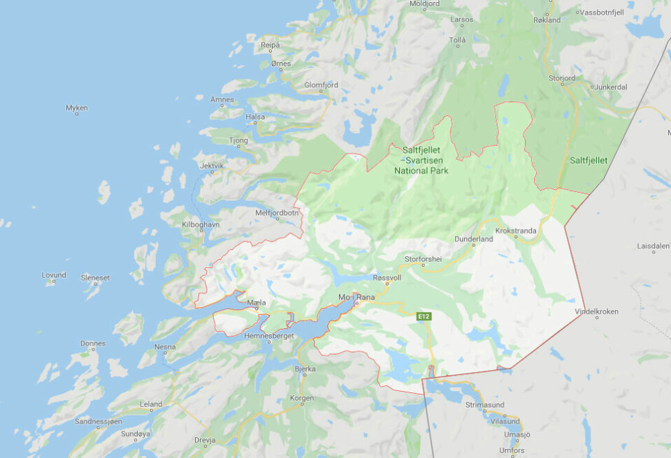 TRUSSEL: Alle elever i Rana kommune i Nordland sendes hjem. Årsaken er en trussel om skyting. Bildet viser et kart over Rana kommune i Nordland. Alle elever i kommunen sendes hjem. Årsaken er en trussel om skyting.