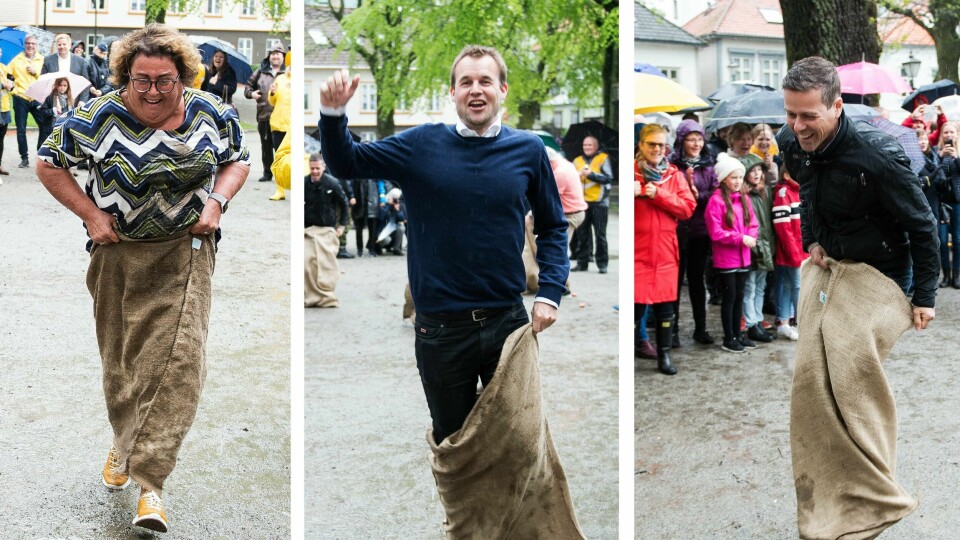 LEK: Olaug Bollestad falt under sekkeløpet til KrF i Stavanger. Ny leder Kjell Ingolf Ropstad (i midten) vant over tidligere leder Knut Arild Hareide (til høyre).