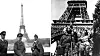 Bildet er satt sammen av to. Det ene viser Adolf Hitler foran Eiffel-tårnet i 1940. Det andre viser soldater som feirer friheten i 1945.