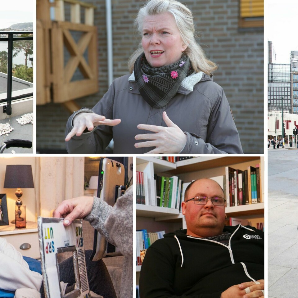 Disse fem har vi snakket med til artiklene «Min stemme». Øverst til venstre er Ågot Valle. Hun har afasi. Under er Siv-Anne Heggheim. Hun har cerebral parese. Ragna Huse i midten er døv. Under er Christoffer Liljeflod. Han har dysleksi. Til høyre er Håkon Gisholt. Han er blind.