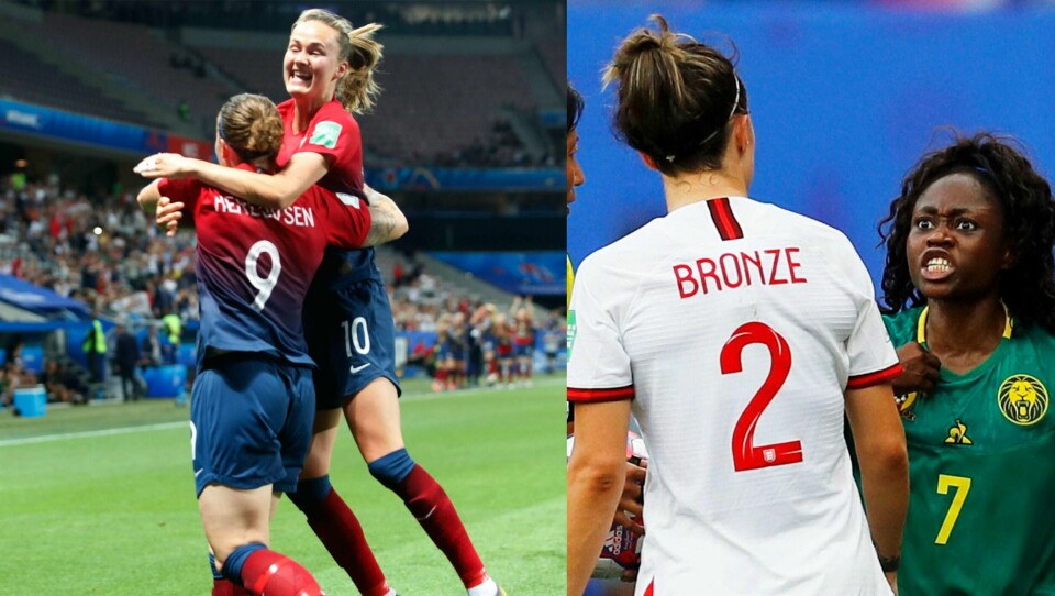 VM: Norge feiret seier i åttendedels-finalen. De møter England. Det skjer etter at Kamerun tapte. Her er Gabrielle Aboudi Onguene sint over en avgjørelse fra dommeren.