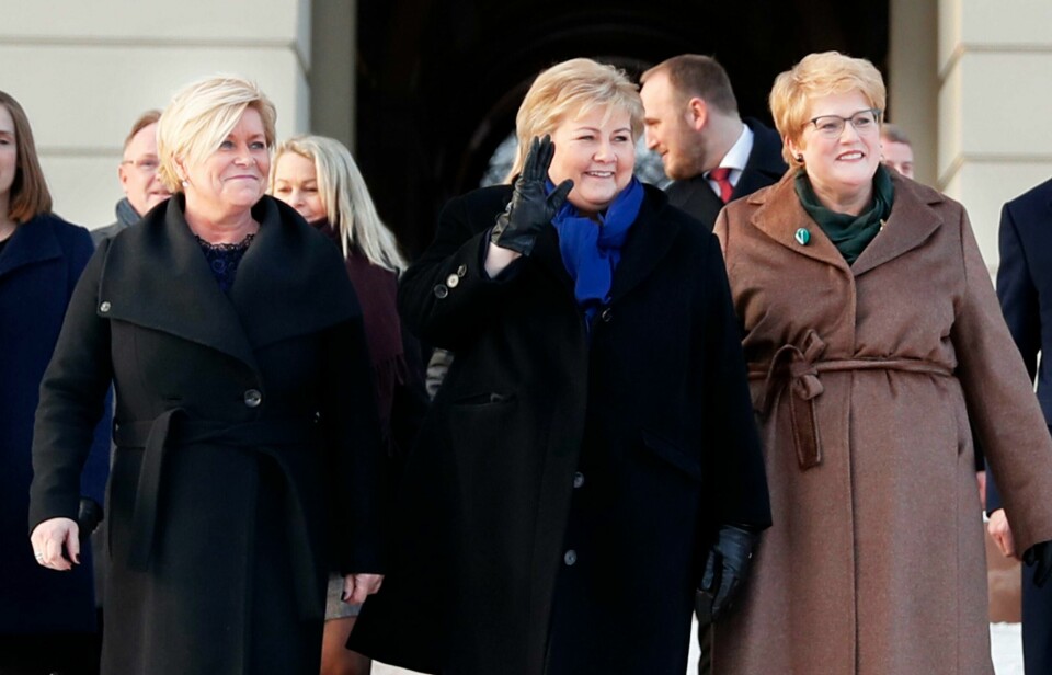 NY: Frp-leder Siv Jensen (til venstre), statsminister Erna Solberg (midten) og Venstre-leder Trine Skei Grande.