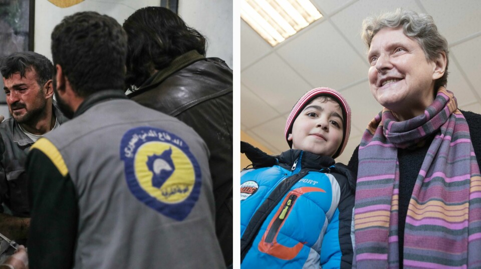 NOMINERT: Mannen med ryggen til er fra hjelpegruppa De hvite hjelmene i Syria. På bildet til høyre er aktivisten Svetlana Gannusjkina fra Russland. De er nominert til Nobels fredspris.