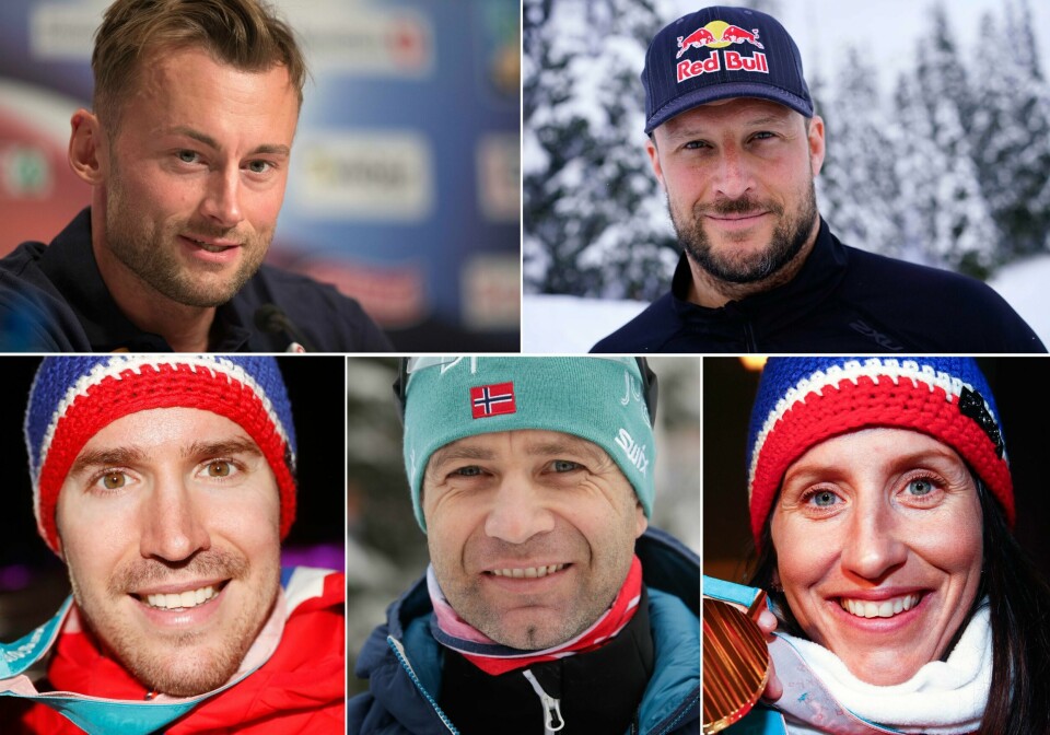 STJERNER: Flere norske stjerner på ski vurderer å slutte. Fra venstre: Petter Northug, Aksel Lund Svindal, Emil Hegle Svendsen, Ole Einar Bjørndalen og Marit Bjørgen.