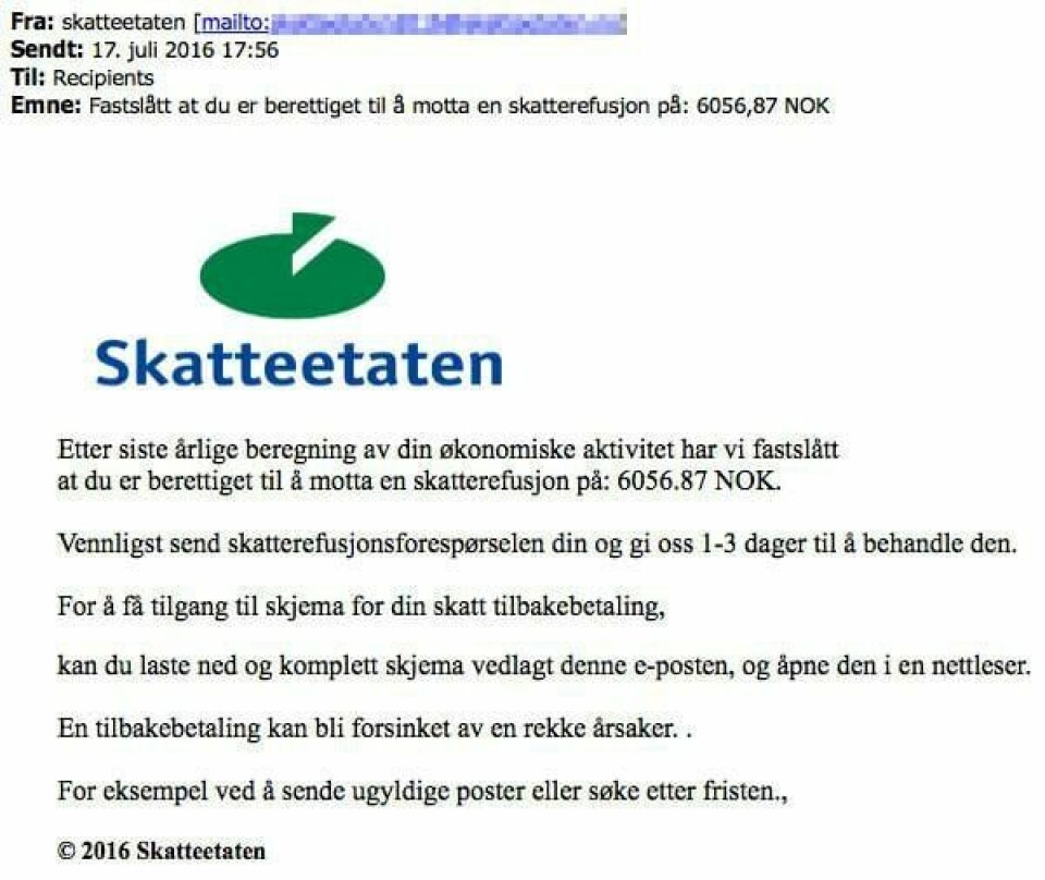 SVINDEL: Slik ser e-posten fra «Skatte-etaten» ut. Mange tror de har fått penger igjen på skatten. Men dette er ikke sant.