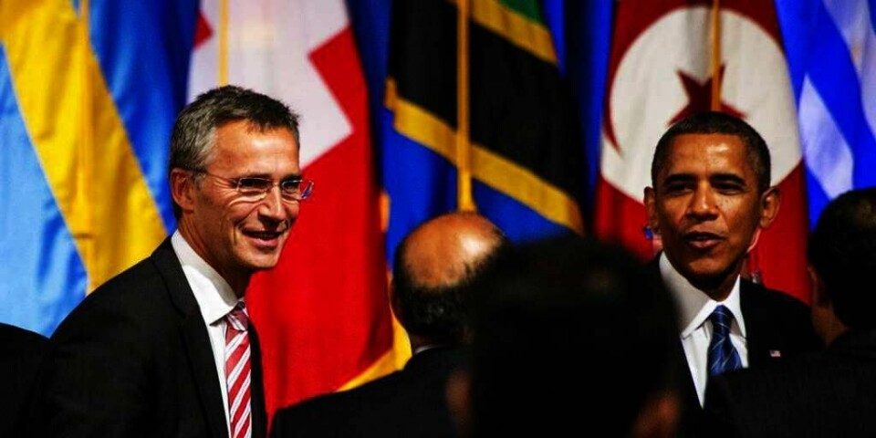 SJEF: USAs president Barack Obama (til høyre) vil at Jens Stoltenberg (til venstre) blir ny sjef for NATO. Stoltenberg var tidligere statsminister i Norge. Her er de to på et møte i USA i fjor.