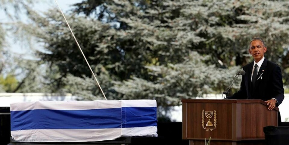 TALTE: President Barack Obama talte i begravelsen til Shimon Peres i Israel fredag.