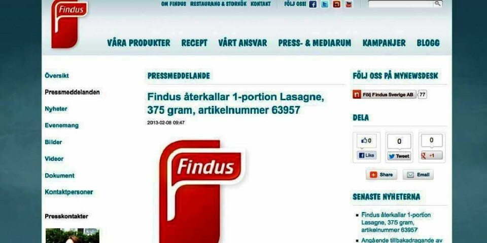HESTEKJØTT: Findus i Sverige kaller tilbake alle sine lasagner. Det er fordi det er funnet hestekjøtt i dem. Kjøttet kan inneholde skadelige midler.