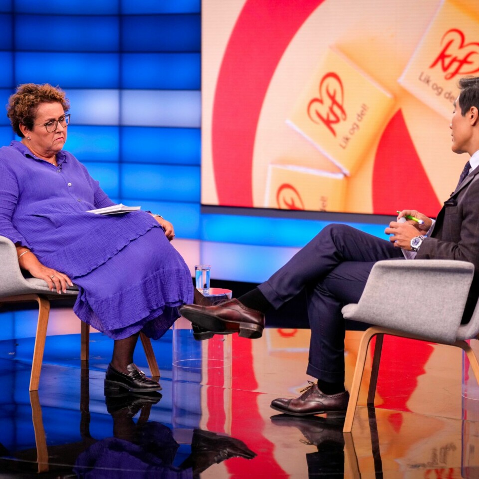 OLAUG BOLLESTAD: Tirsdag kveld var Olaug Bollestad med i TV-programmet Debatten. Bilde av tidligere KrF-leder Olaug Bollestad og programleder i NRK, Fredrik Solvang. Foto: Heiko Junge / NTB