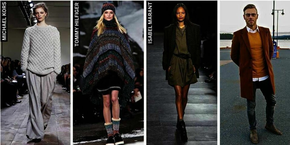 MOTE: Dette er mote i høst. Bilde 1: strikkegenser. Bilde 2: Poncho. Bilde 3: Olivengrønne plagg. Bilde 4: Moteblogger Espen Hilton sier det er lurt å ha en fin kåpe.