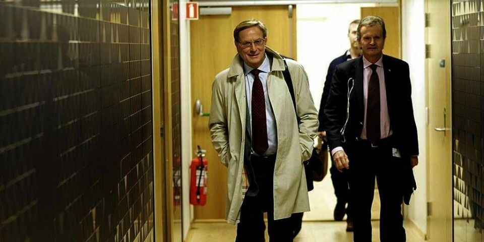 SKANDALE: Onsdag møtte ledere for Telenor næringsminister Monica Mæland. De snakket om VimpelCom-skandalen i Usbekistan. Til venstre er Telenors styreleder Svein Aaser. Til høyre er konsernsjef Jon Fredrik Baksaas.