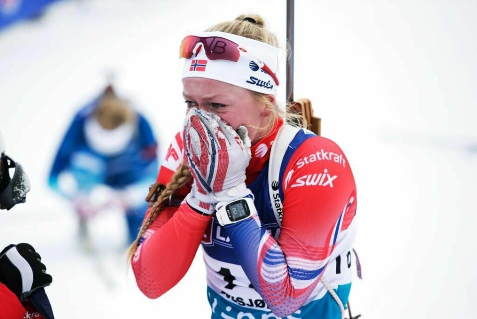 GLAD: Skiskytter Karoline Erdal vant fjerdeplass på Sjusjøen. Hun gråt av glede. Nå får hun konkurrere mot de beste i verdenscupen.