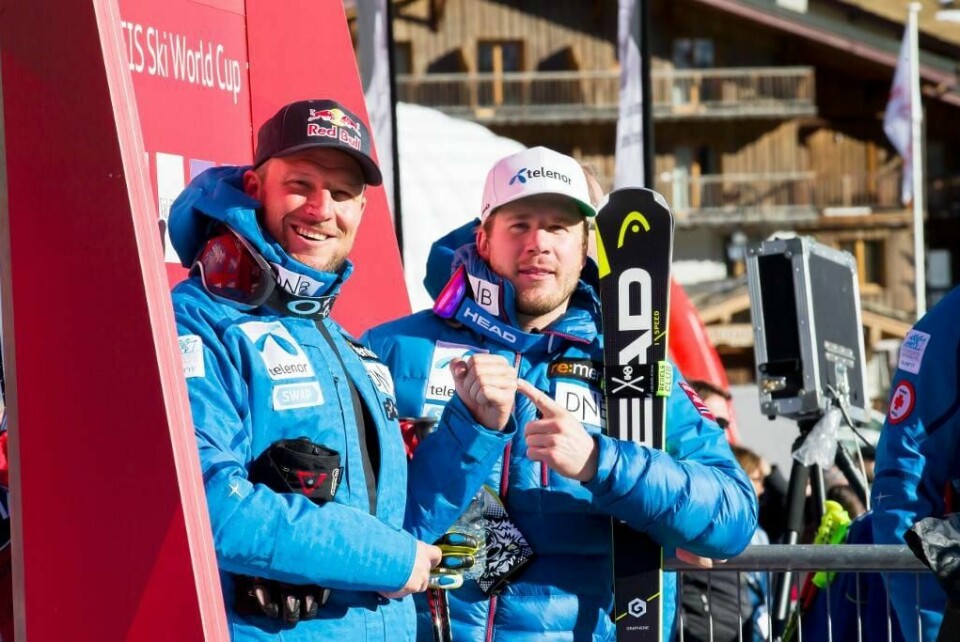 VINNERE: Kjetil Jansrud (til høyre) var best i Frankrike. Men alpinist Aksel Lund Svindal jublet etter å ha vunnet 2.-plassen.