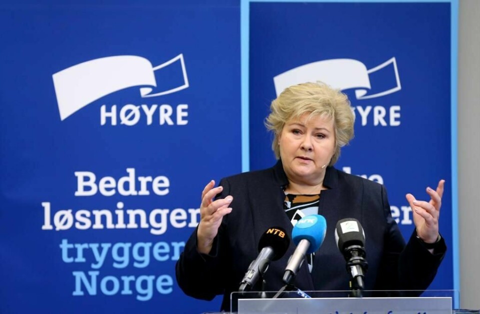 TALE: Statsminister Erna Solberg snakker til partiet Høyre. Hun forteller om statsbudsjettet.