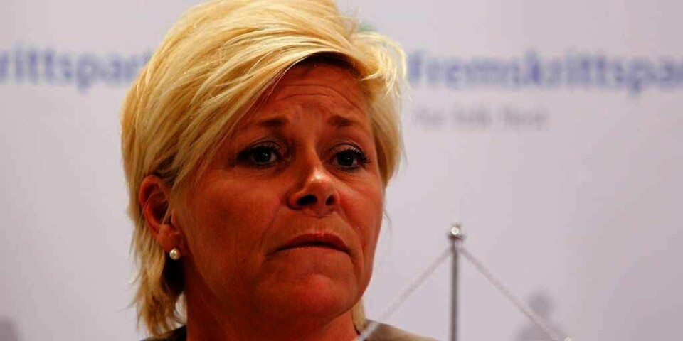 SYKMELDT: Leder i Fremskrittspartiet (Frp) Siv Jensen er sykmeldt. Hun er skadet i ryggen.