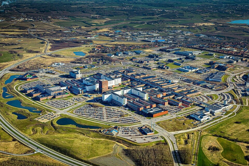 HJELP: To rumenere er fløyet til Aarhus Universitetshospital. De er svært syke med korona, og skal få hjelp i Danmark. Bildet er et flyfoto av Aarhus Universitetshospital. Det er et stort område med mange bygninger og veier som går rundt området. Utenfor er det grøntområder. Foto: Aarhus Universitetshospital