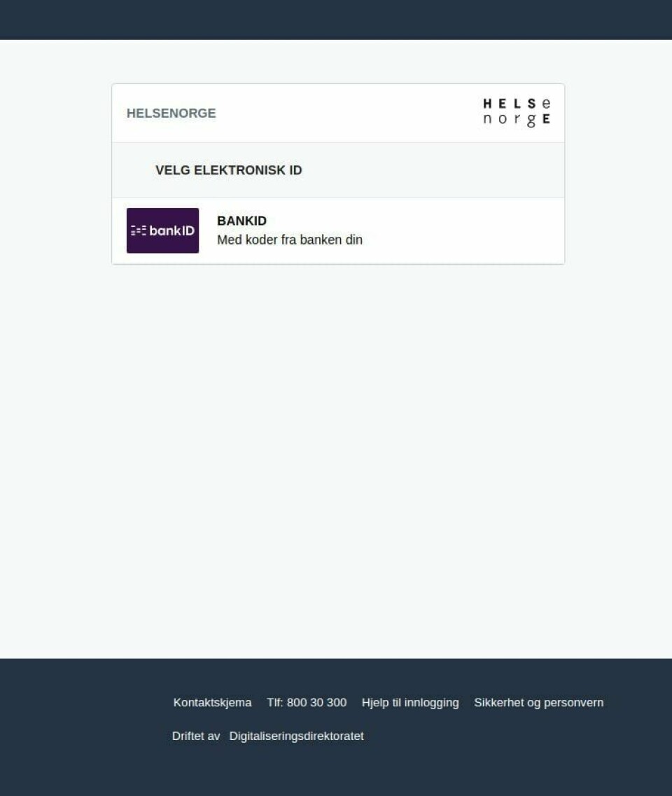 FALSK: Mange har fått en falsk epost fra Helsenorge. Målet med eposten er å få folk til å gi fra seg viktig informasjon på en falsk nettside. Bildet er et skjermbilde som viser en innloggingsskjerm med krav om bank-ID. Det står Helsenorge øverst på siden. Foto: Helsenorge / NTB