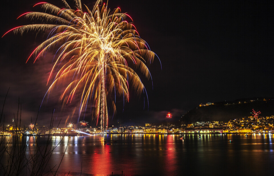 SMELL: Plutselig smeller det masse på nyttårsaften. Det kan gjøre hunden redd. I Ålesund var det fellesfyrverkeri fra en flåte i Aspevågen på fjorårets nyttårsaften. Foto: Halvard Alvik / NTB