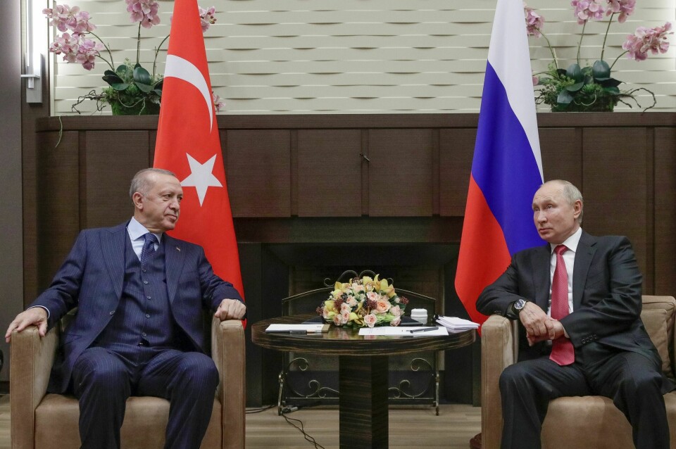 MØTE: Tyrkias president Recep Tayyip Erdogan og Russlands president Vladimir Putin skal treffes. Det skjer i Iran. Bildet viser Tyrkias president Recep Tayyip Erdogan og Russlands president Vladimir Putin. Arkivfoto: Vladimir Smirnov / Sputnik / AP / NTB
