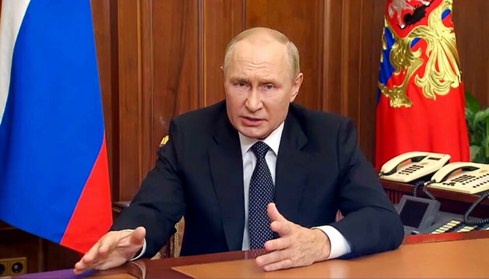 TALE: Onsdag morgen ble det vist en tale med Vladimir Putin. President Vladimir Putin under talen han holdt onsdag. Bildet er fra en video som pressetjenesten til presidentens kontor. Foto: Russiske myndigheter via AP / NTB