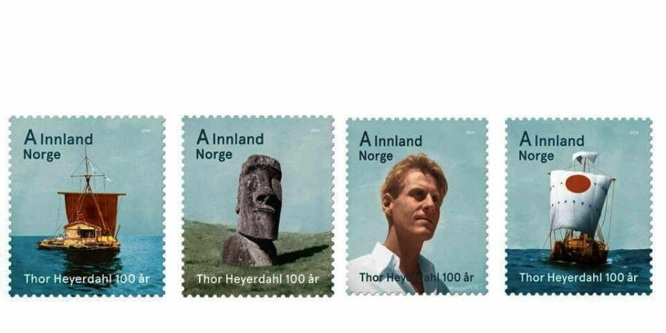 JUBILEUMS-FRIMERKER: Dette er de fire frimerkene som Posten gir ut for å markere hundreårs-dagen til Thor Heyerdahl. Frimerene er utformet av Benjamin Stenmarck.