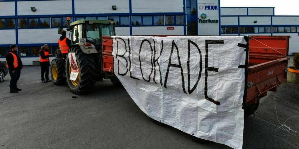 SPERRE:  Sinte bønder sperrer inngangen til eggpakkeriet til Prior i Trondheim.