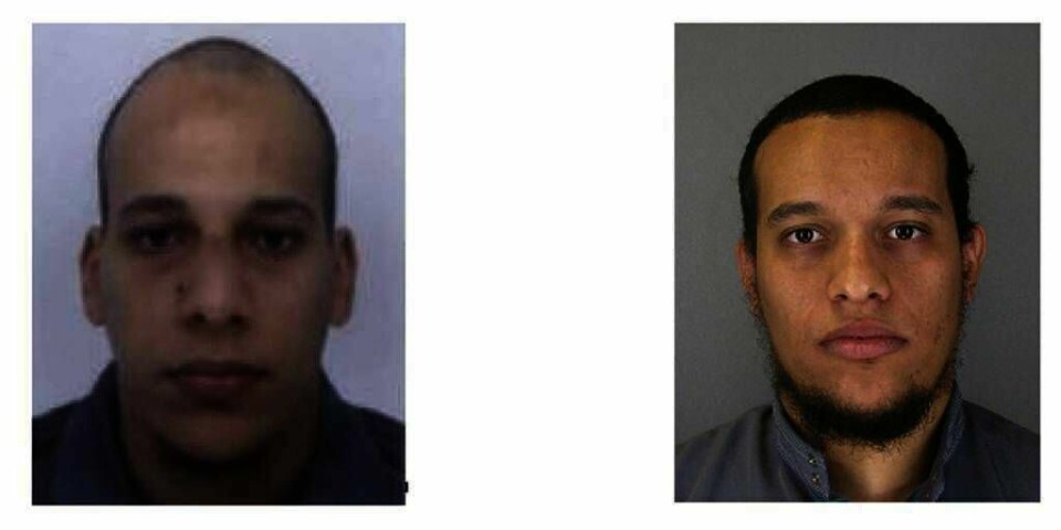 POLITIJAKT: Politiet jakter på disse to mennene etter terroren i Paris. Det er brødrene Chérif Kouachi (til venstre) og Said Kouachi (til høyre).