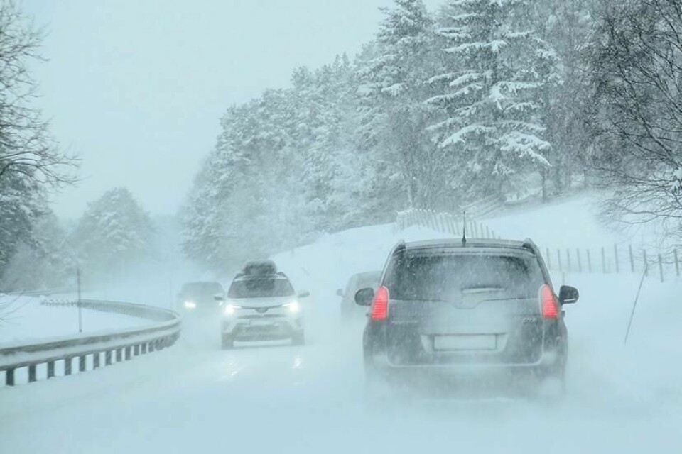 VINTER: Vinteren er tilbake. Politiet ber folk la bilen stå om de ikke har byttet til vinterdekk. Bildet viser biler som kjører på vinterveier.
