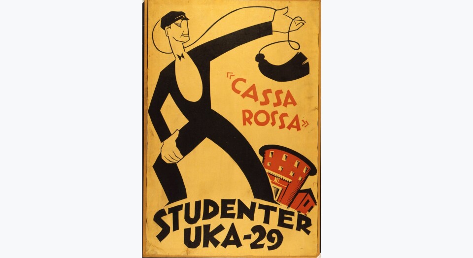 1929: Dette var plakaten som reklamerte for revyen i 1929. Det var UKAs første revy i det nye Studentersamfundet. Bildet viser plakaten som reklamerte for UKAs revy i 1929.