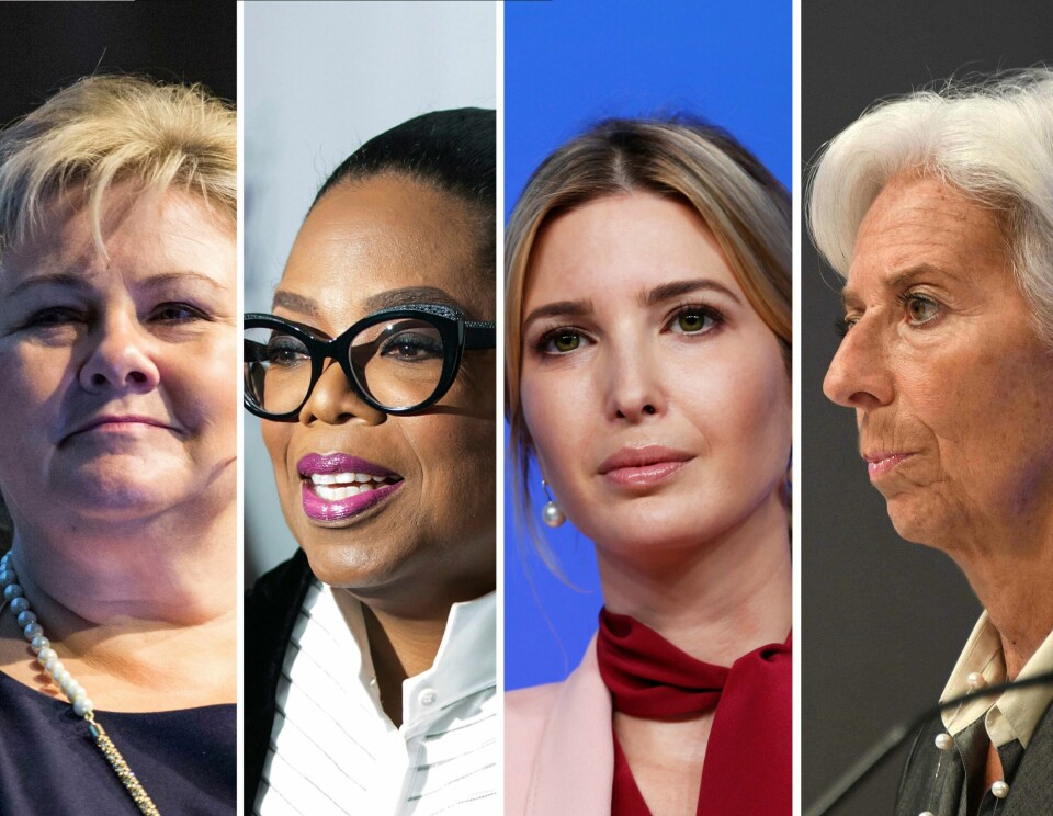 MEKTIGE: Disse er blant de mektigste kvinnene i verden. Fra venstre: Erna Solberg, Operah Winfrey, Ivanka Trump og Christine Legarde.