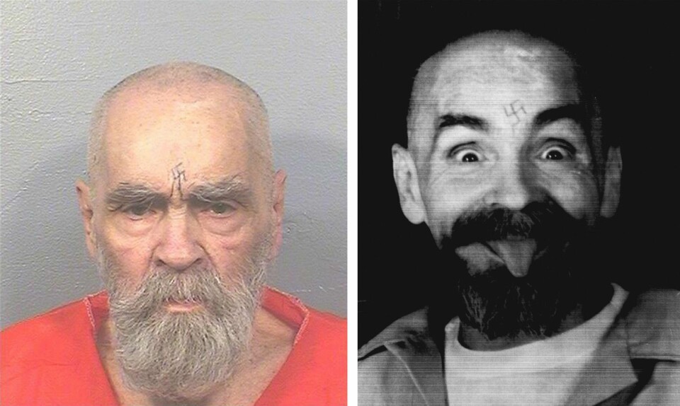 DØD: Charles Manson er død. Til venstre: Manson i 2017. Til høyre: Manson i 1989.
