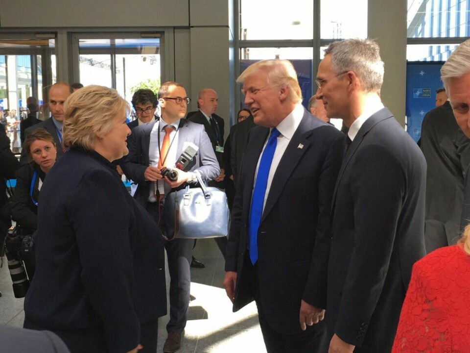 MØTE: Donald Trump og Erna Solberg skal møtes. Her er de under et tidligere møte i NATO med leder Jens Stoltenberg.