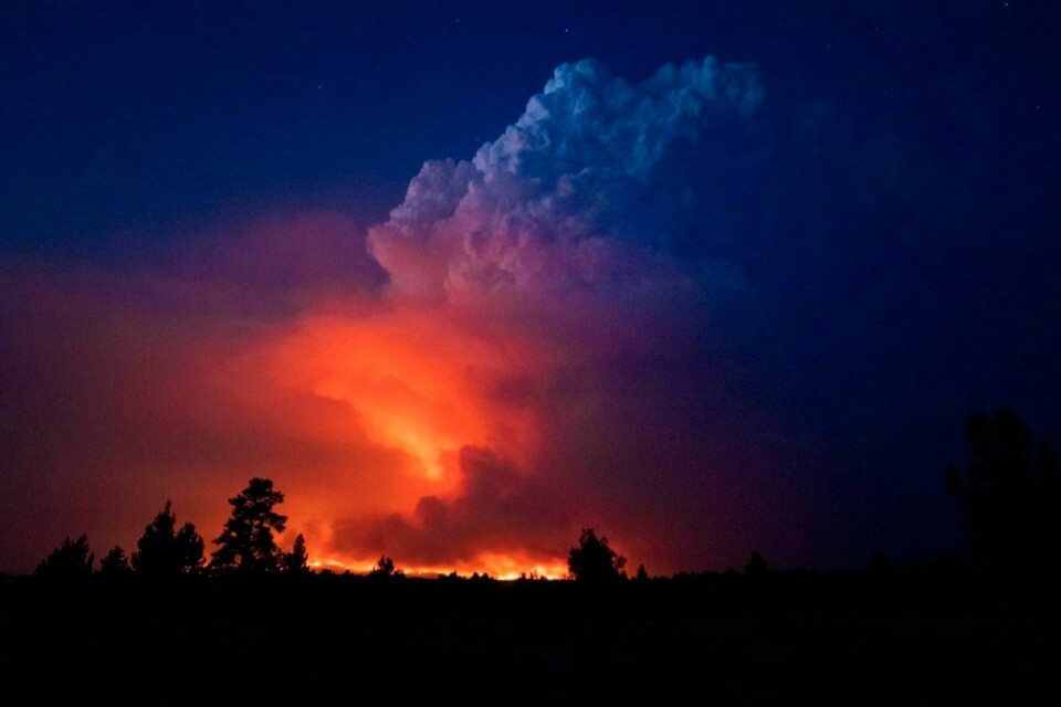 EKSTREMT: Det kan bli mer ekstremt vær i årene framover, sier IPCC. De sier vi ser følgene av klimaendringer nå. Bildet er av en skogbrann i USA. Røde flammer og grå røyk stiger fra bakken. Bildet er tatt i mørket på natta. Foto: Myndighetene i Oregon / AP / NTB