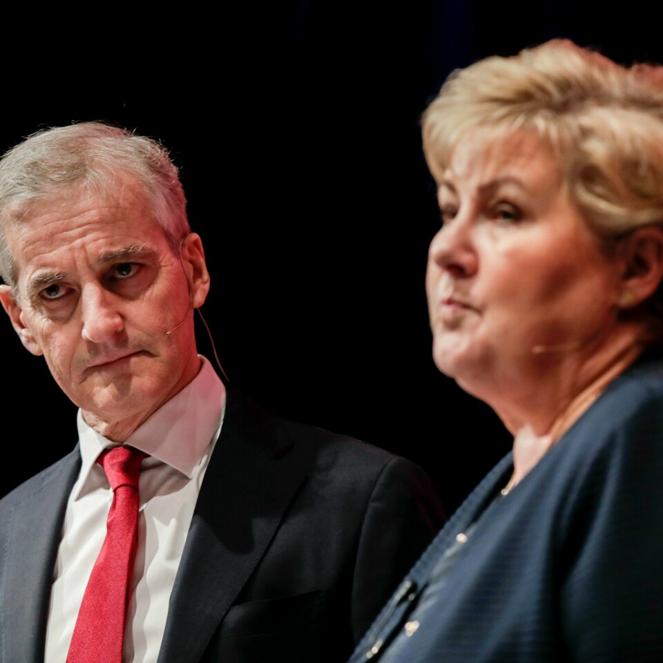DUELL: Jonas Gahr Støre og Erna Solberg møttes til valgkampens første statsministerduell. Statsminister Erna Solberg i en duell med Jonas Gahr Støre om svart økonomi, Fagforbundet og NTL arrangerer møtet. Foto: Vidar Ruud / NTB