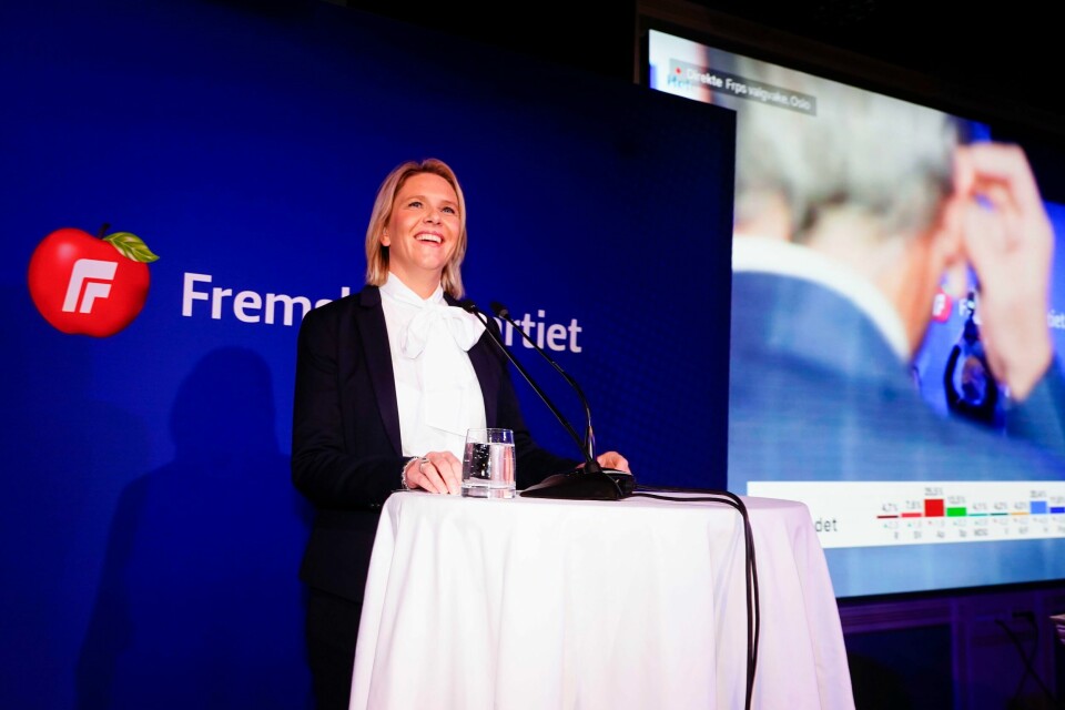 KAMP: Fremskrittspartiet gjorde det dårligere i valget enn de håpet på. Men Frp-leder Sylvi Listhaug varsler kamp for å komme tilbake. Bildet viser Frp-leder Sylvi Listhaug som talte til partiets valgvake. Foto: Terje Pedersen / NTB