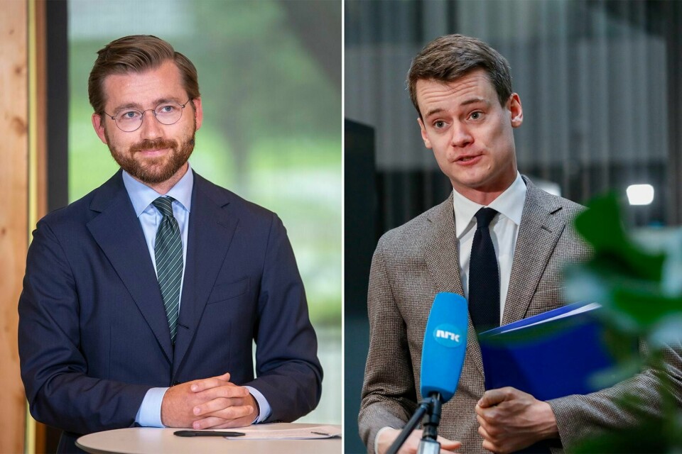 SKATT: To nye politikere skal ha betalt for lite i skatt. Den ene er Sveinung Rotevatn fra Venstre (til venstre). Den andre er Tore Storehaug fra Kristelig Folkeparti (til høyre). Bildet er satt sammen av to. Til venstre er Sveinung Rotevatn, og til høyre er Tore Storehaug. Begge har dress. Rotevatn har skjegg og står bak en talerstol med et vindu like bak seg. Storehaug står med en dokumentmappe under armen og snakker i en mikrofon fra NRK.