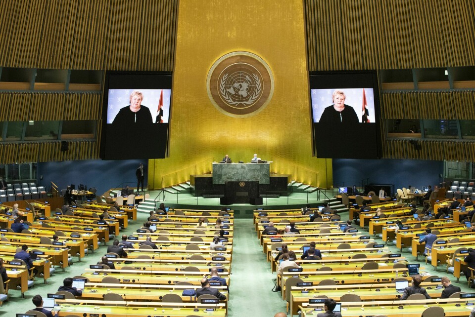 Statsminister Erna Solberg talte til hovedforsamlingen i FN i en video. Statsminister Erna Solberg talte til den 76. hovedforsamlingen i FN i en forhåndsinnspilt video. Foto: Eduardo Munoz / pool via AP / NTB