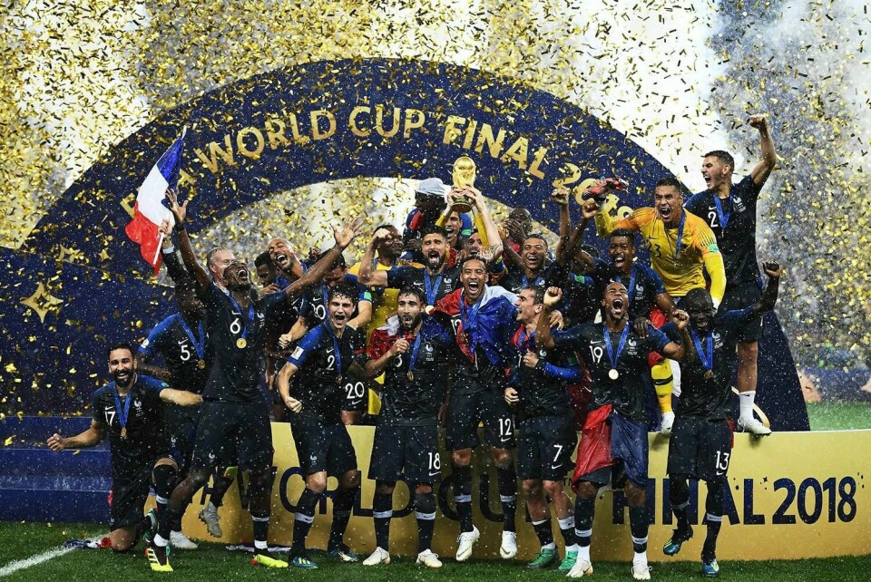 FEIRING: Franske spillere feirer seieren etter finalen i fotball-VM 2018. Stadium in Moscow on July 15, 2018. / FRANCK FIFE PHOTO / FRANCK FIFE / RESTRICTED TO EDITORIAL USE -