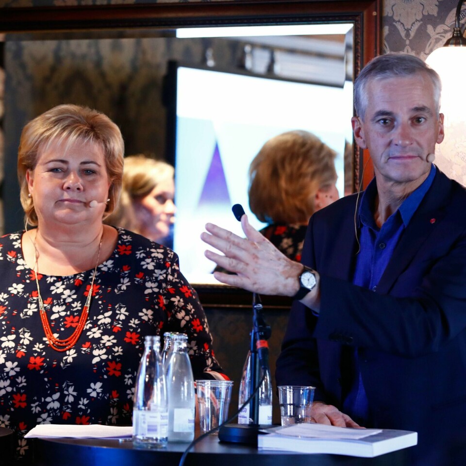 SVARER: Statsminister Erna Solberg må svare om terrorsikring. Her er hun sammen med Arbeiderpartiets leder Jonas Gahr Støre.