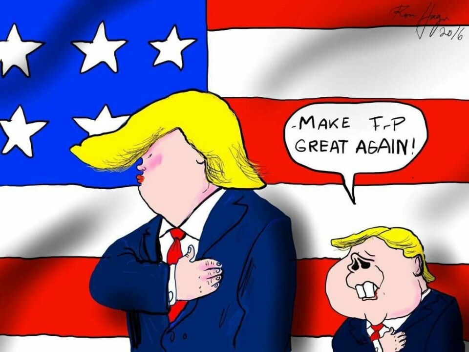 POLITIKK: President Donald Trump må tåle mange tegninger. Det må også Carl I. Hagen fra Fremskrittspartiet. Denne er tegnet av Roar Hagen.