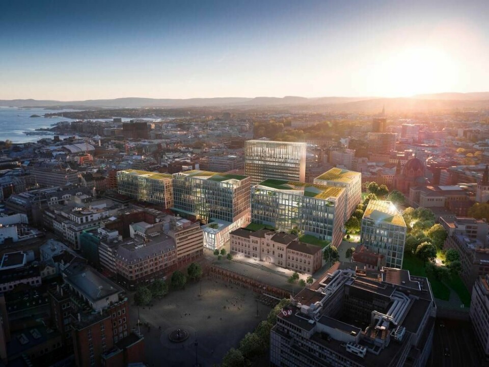 LYSING: Et av forslagene til nytt regjerings-kvartal i Oslo. Politikere mener det blir for stort.