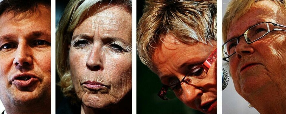 Terje Riis-Johansen (fra venstre), Anne-Grete Strøm-Erichsen, Liv Signe Navarsete og Magnhild Meltveit Kleppa kan alle miste jobben. Årsaken er at de har gjort politiske tabber den siste tiden.