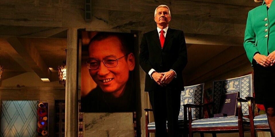 NOBEL-PRISEN: Thorbjørn Jagland holdt tale for utdelingen av årets Nobel-pris i Oslo Rådhus. En tom stol markerer at prisvinner Liu Xiaobo ikke kunne være med. Årsaken er at han sitter fengslet i Kina.