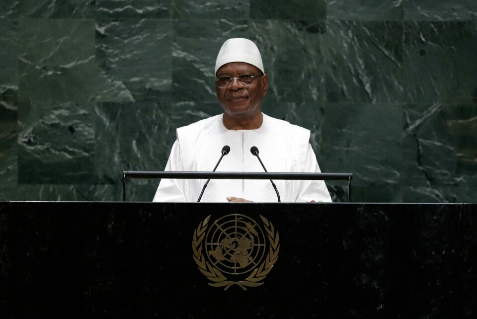 SLUTTER: Ibrahim Boubacar Keita slutter som president i Mali. Det skjer etter at han ble fanget av soldater som gjorde opprør. Bildet er av Ibrahim Boubacar Keita som holder en tale i FN.