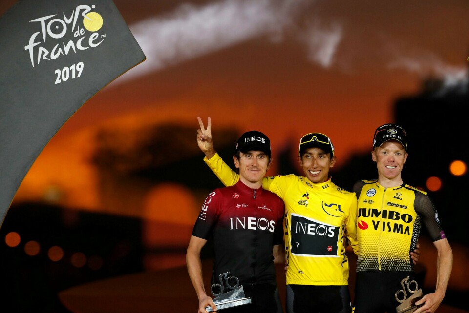 VANT: Egan Bernal (i midten) vant sykkelrittet Tour de France. Geraint Thomas (til venstre) kom på andreplass. Steven Kruijswijk (til høyre) kom på tredjeplass.