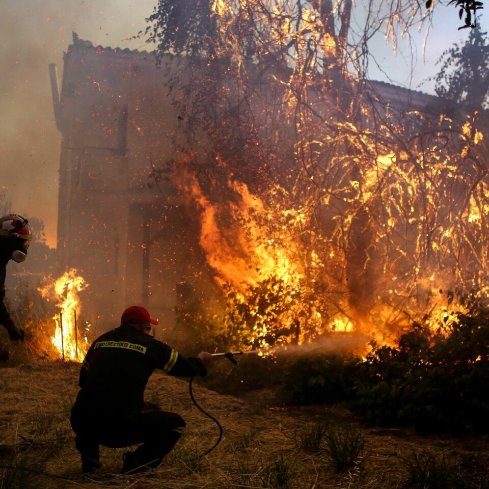 BRANN: Brannmannskaper kjemper mot flammene. Bildet er fra landbyen Agrilitsa på den greske øya Evia tirsdag.
