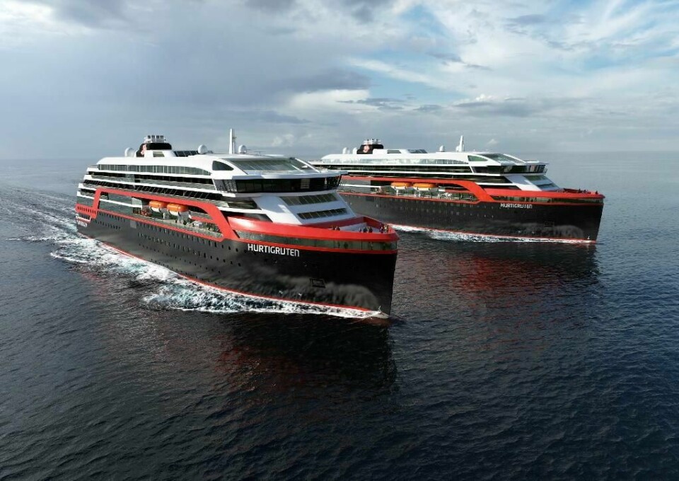MODERNE: Omtrent slik ser de nye Hurtigrutene ut. Bildene ble vist fram torsdag. Da fortalte Hurtigruten at verftet Kleven skal bygge dem.