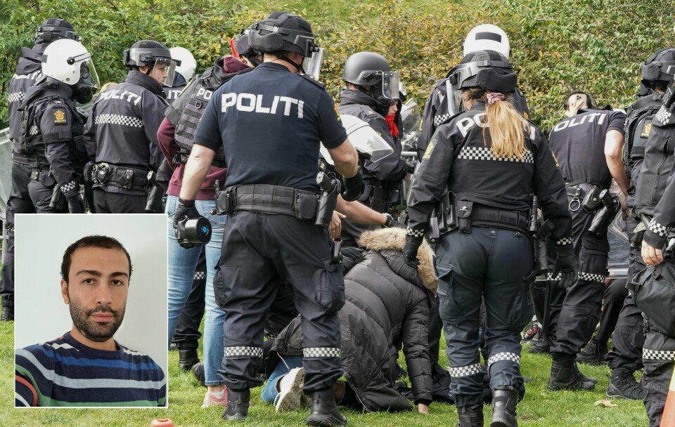 FOTOGRAF: Politiet grep inn da det ble amper stemning under en demonstrasjon torsdag. Hazhir Shariati var der for å fotografere, men politiet tok minnebrikken. Bildet viser politifolk under demonstrasjonen mot Irans ambassade torsdag.